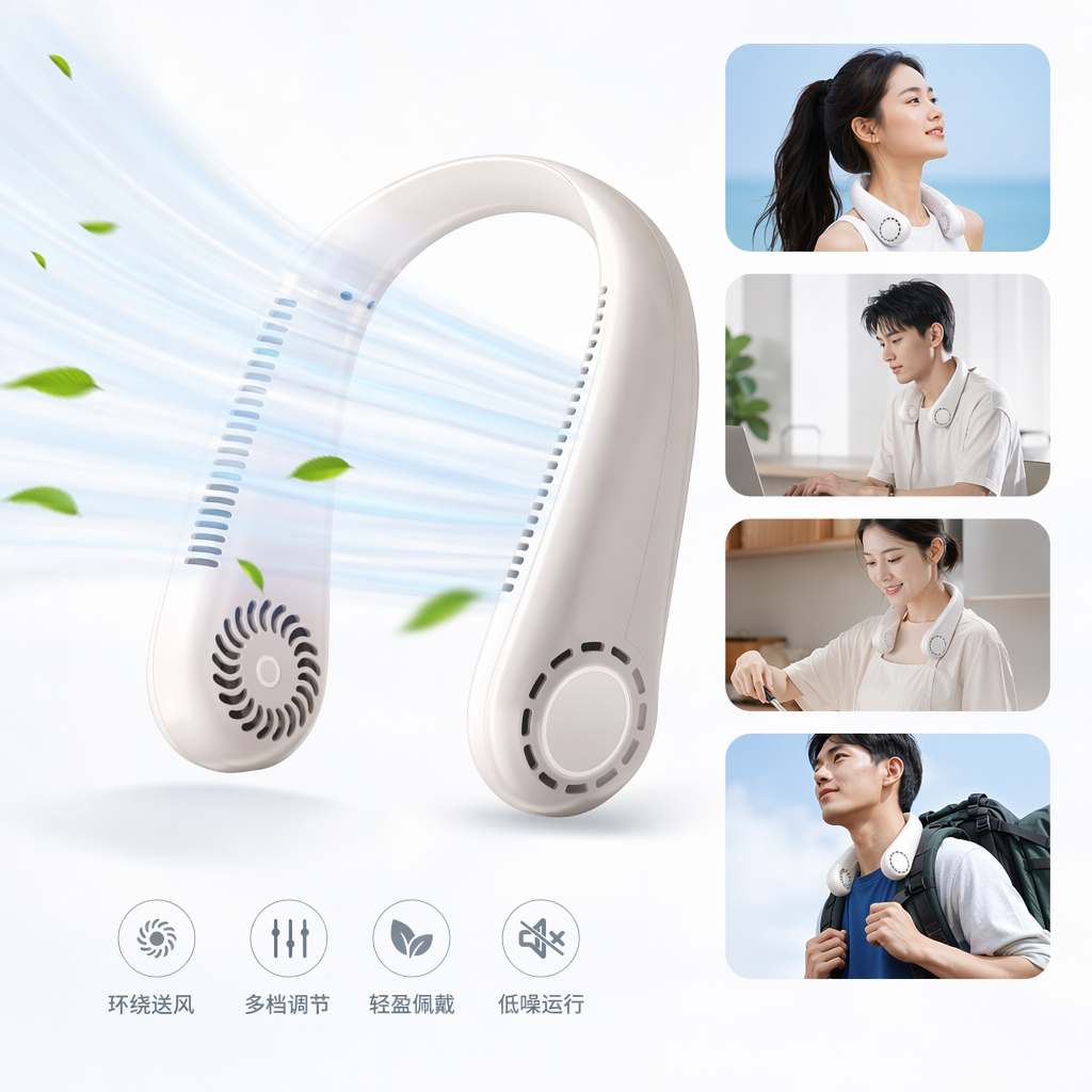 The white neck-mounted cold air blower is a portable cooling mini fan, a summer cooling wonder