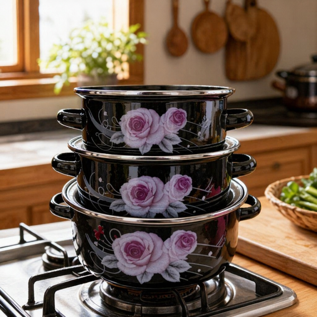 Black rose-patterned non-stick cookware set for household use, including woks, frying pans and soup POTS details Picture