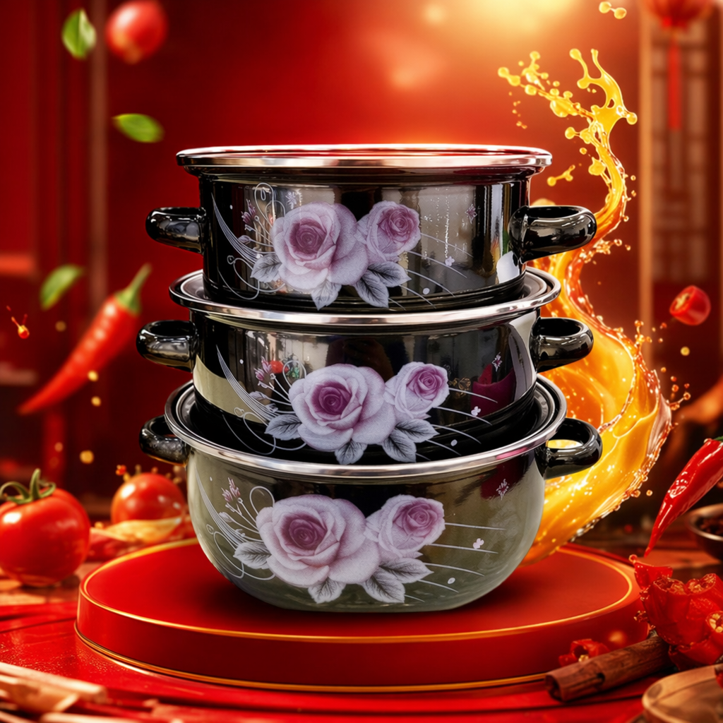 Black rose-patterned non-stick cookware set for household use, including woks, frying pans and soup POTS Specification image