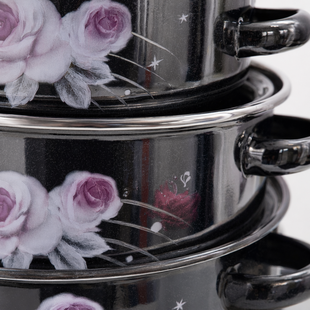 Black rose-patterned non-stick cookware set for household use, including woks, frying pans and soup POTS Application Scenario