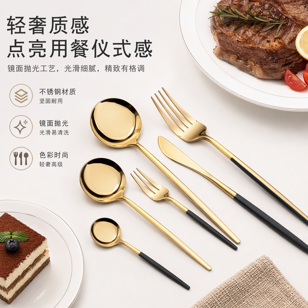 金色餐具套装 16件套 不锈钢餐勺叉刀家用简约风