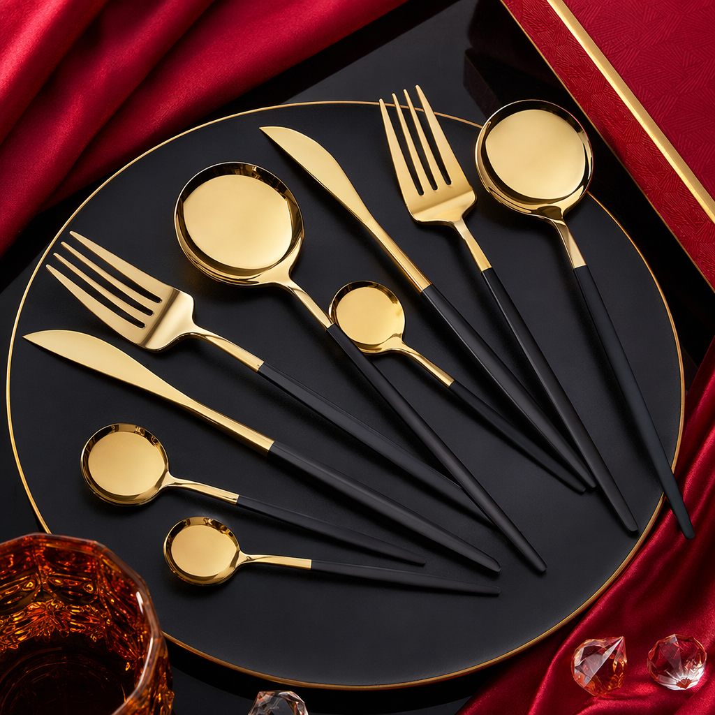 16-piece golden tableware set, stainless steel spoons, forks and knives, simple and elegant home style Specification image