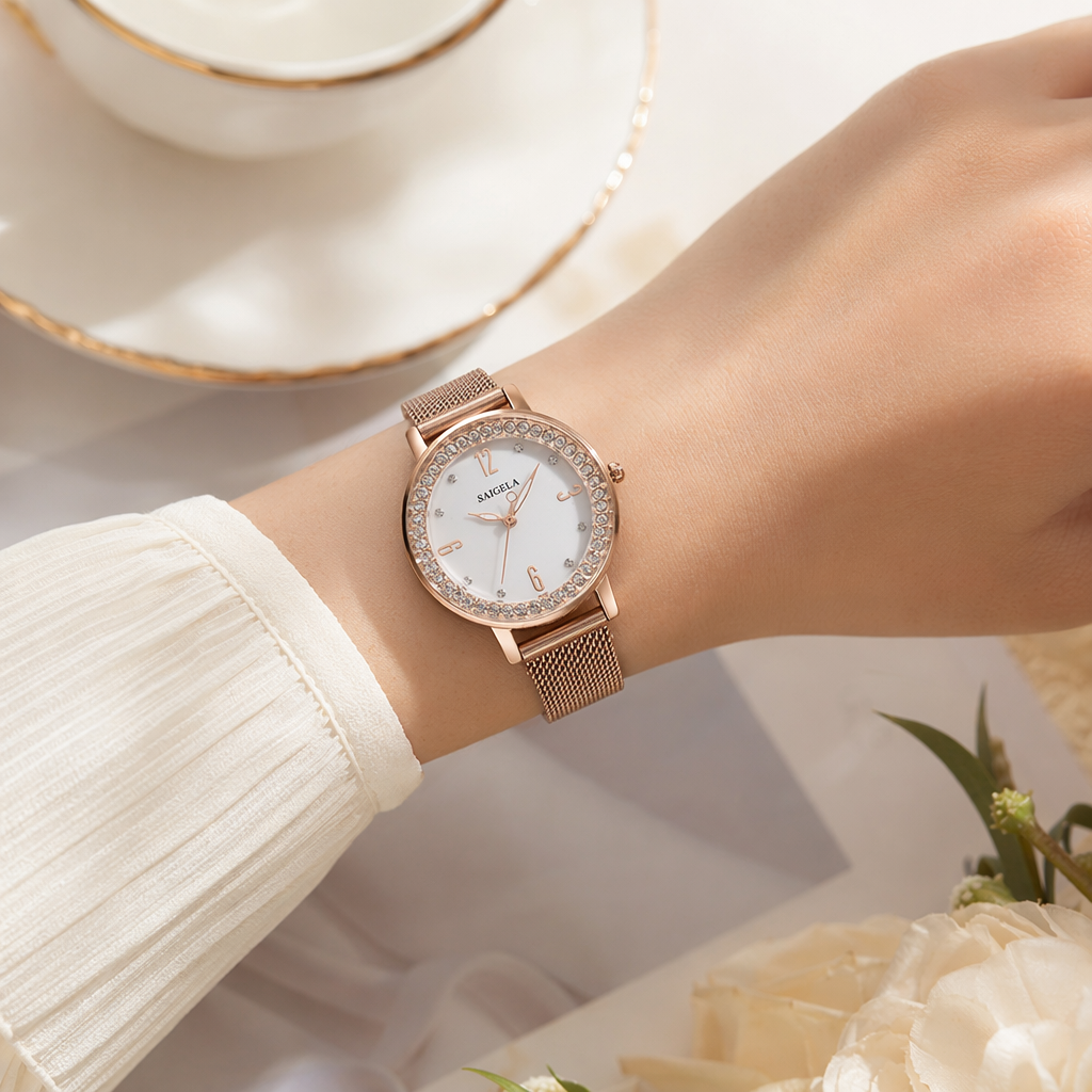 Rose gold diamond-encrusted dial quartz watch for women, fashionable and light luxury details Picture