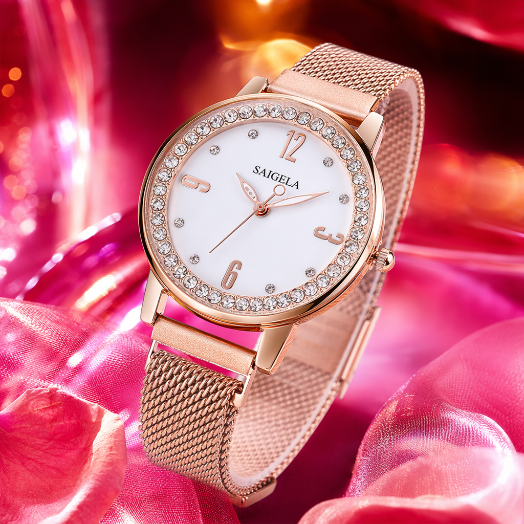 Rose gold diamond-encrusted dial quartz watch for women, fashionable and light luxury Specification image