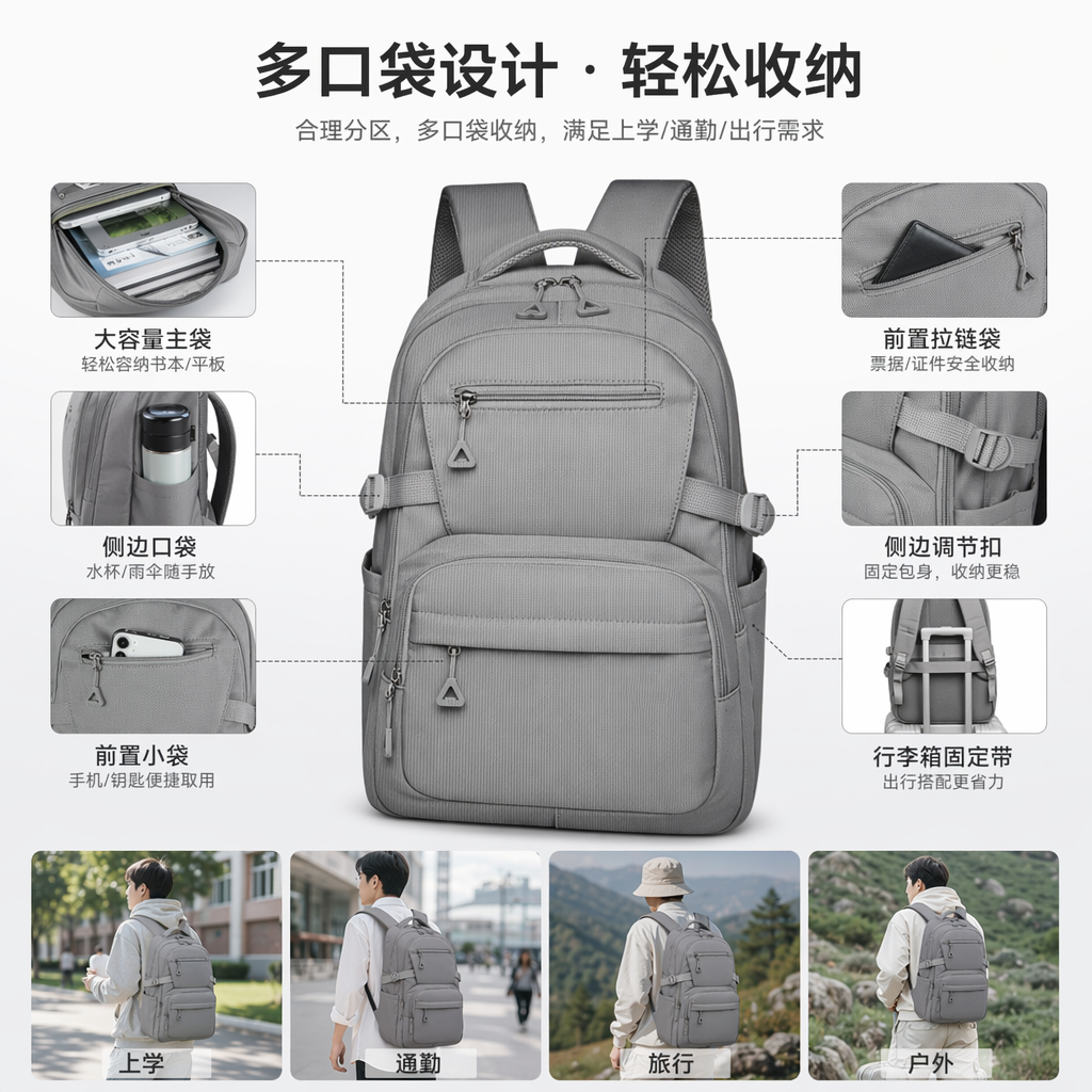 This grey backpack is simple, fashionable and has a large capacity for student commuting and travel