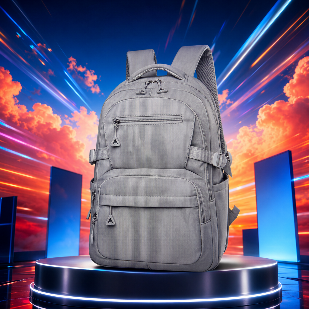 This grey backpack is simple, fashionable and has a large capacity for student commuting and travel Specification image