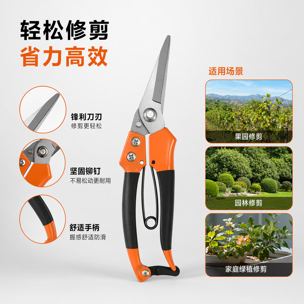 Orange and black striped garden scissors, high-carbon steel sharp pruning shears, garden hand scissors