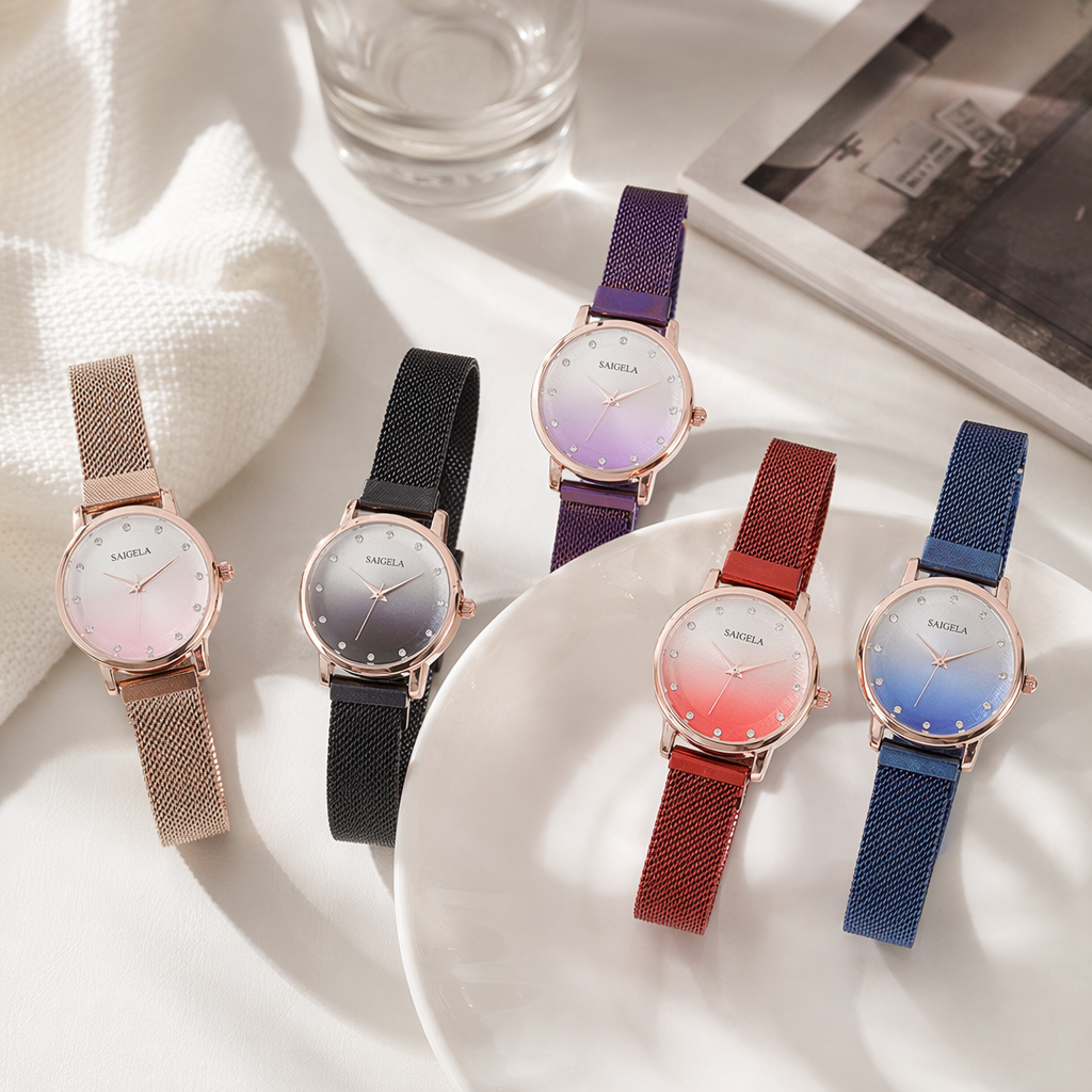 Five fashionable and light luxury quartz watches with color gradient dials for both men and women details Picture