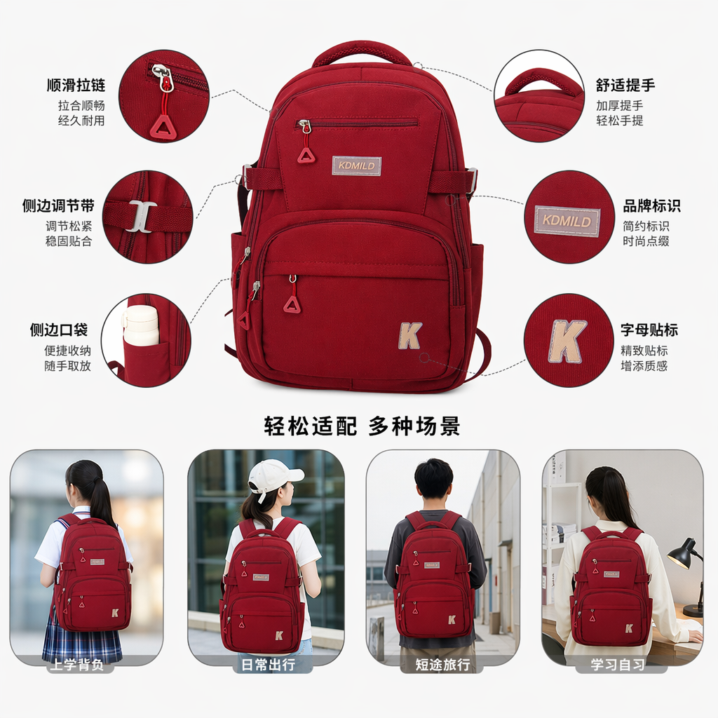 This red backpack is a fashionable student commuting large-capacity, lightweight and wear-resistant travel backpack