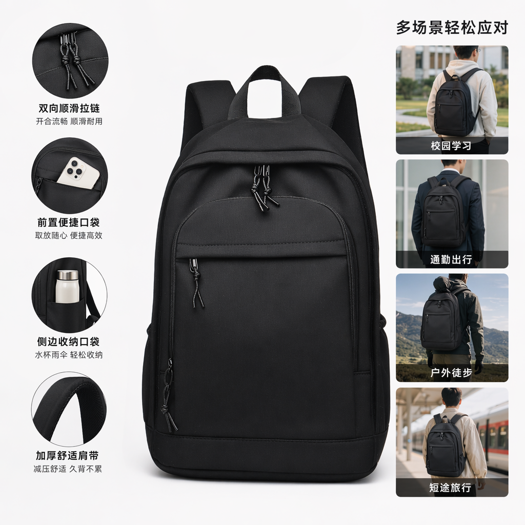 The black wear-resistant nylon commuting backpack with a lightweight design is suitable for office workers