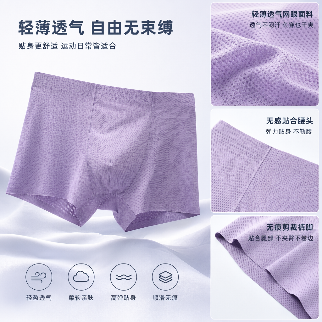 Purple mesh breathable underwear for men, pure cotton, comfortable and close-fitting