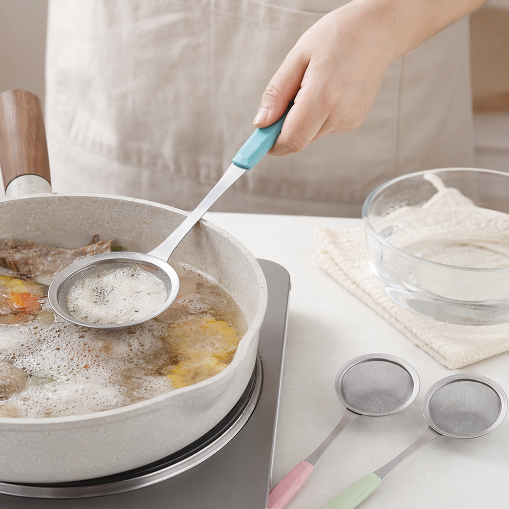 Colored handle metal colander, a kitchen draining wonder, stainless steel long handle filter details Picture