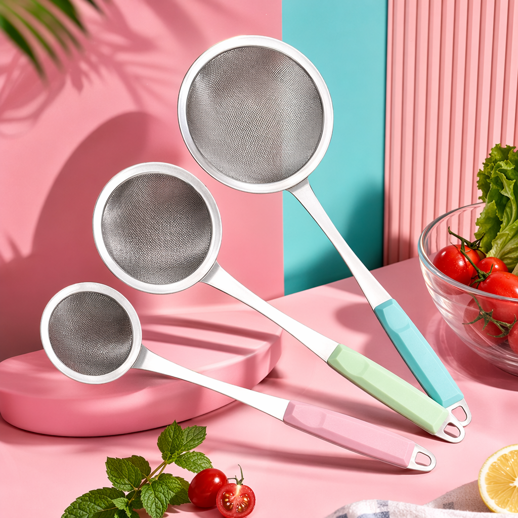Colored handle metal colander, a kitchen draining wonder, stainless steel long handle filter Specification image