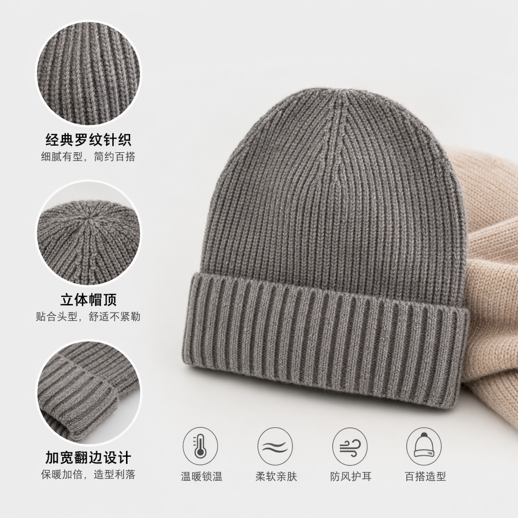 灰色针织帽 保暖毛线帽男女同款秋冬简约百搭