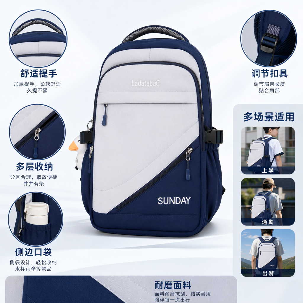 This blue and white color combination backpack is simple and fashionable. It is lightweight and has a large capacity for student commuting