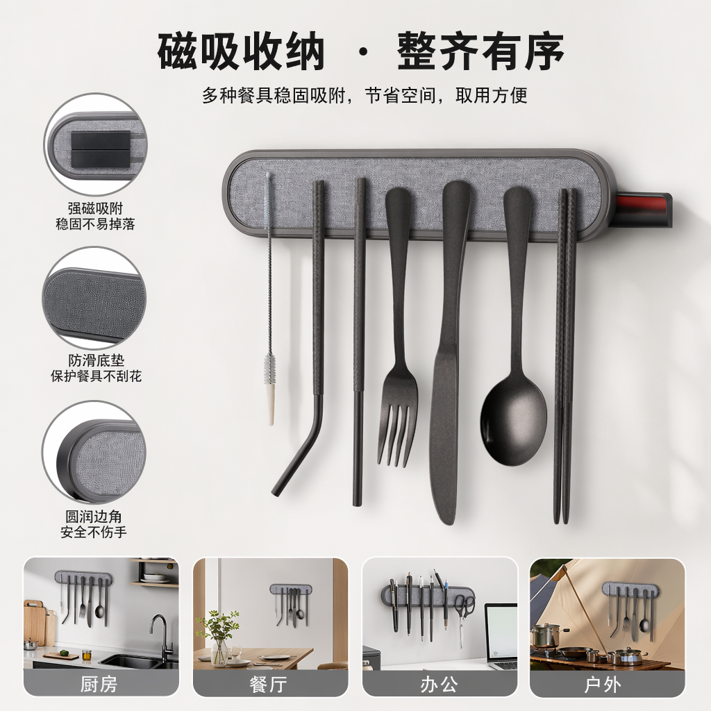 Grey portable tableware set, stainless steel lightweight travel storage box
