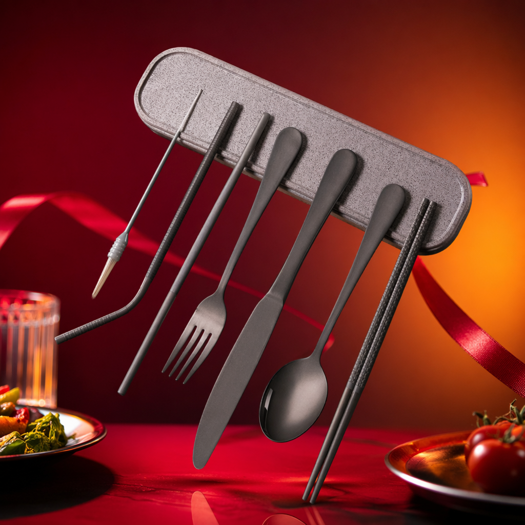 Grey portable tableware set, stainless steel lightweight travel storage box Specification image