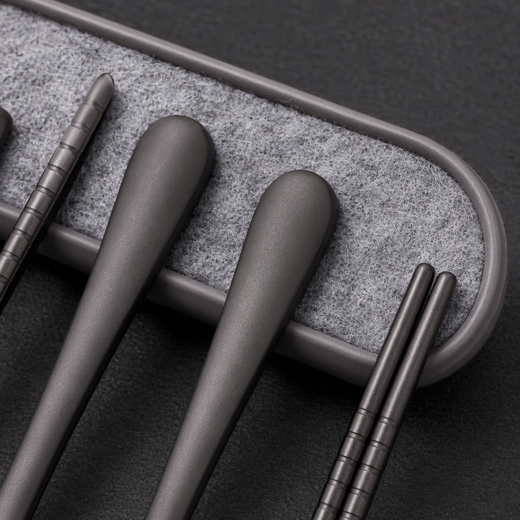 Grey portable tableware set, stainless steel lightweight travel storage box Application Scenario