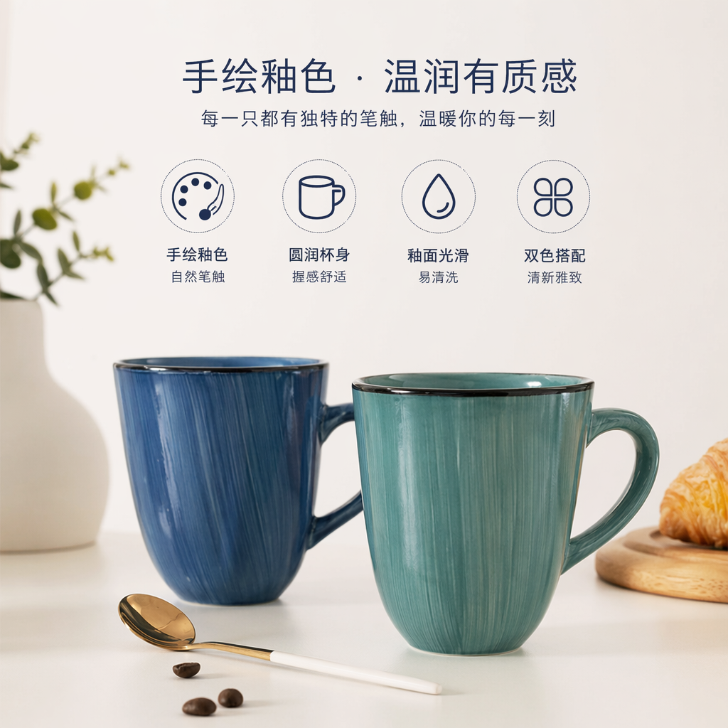 Blue striped ceramic cups and green striped ceramic cups with smooth glaze are household coffee cups