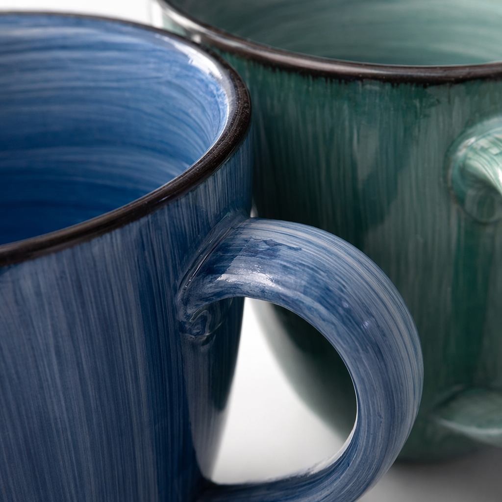 Blue striped ceramic cups and green striped ceramic cups with smooth glaze are household coffee cups Application Scenario
