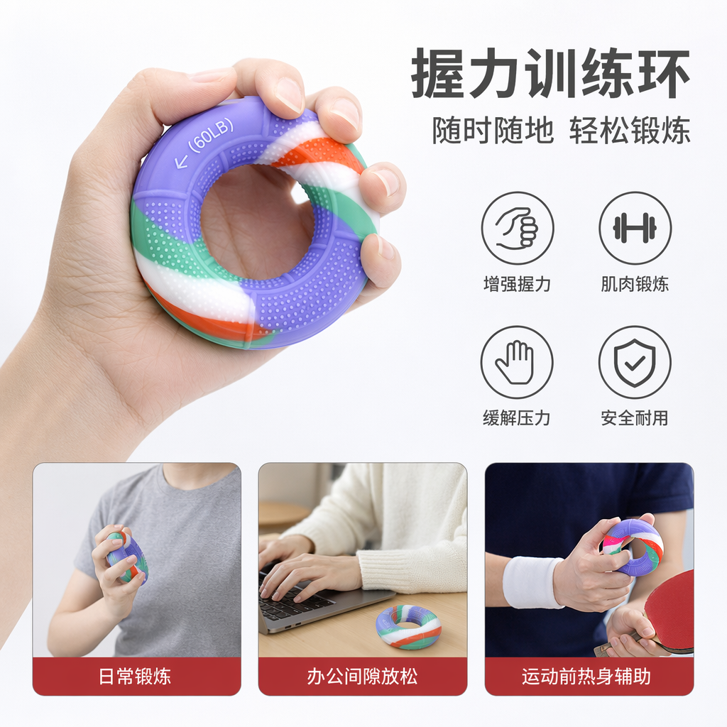 彩色环形握力器 健身手指力量训练器材 弹力可调节
