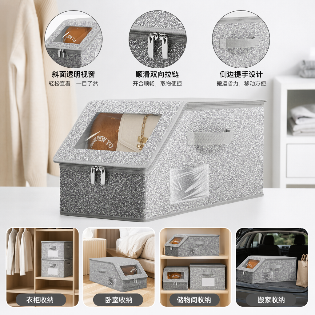 A grey textured storage box for home desktop organization and storage, with a simple Nordic style