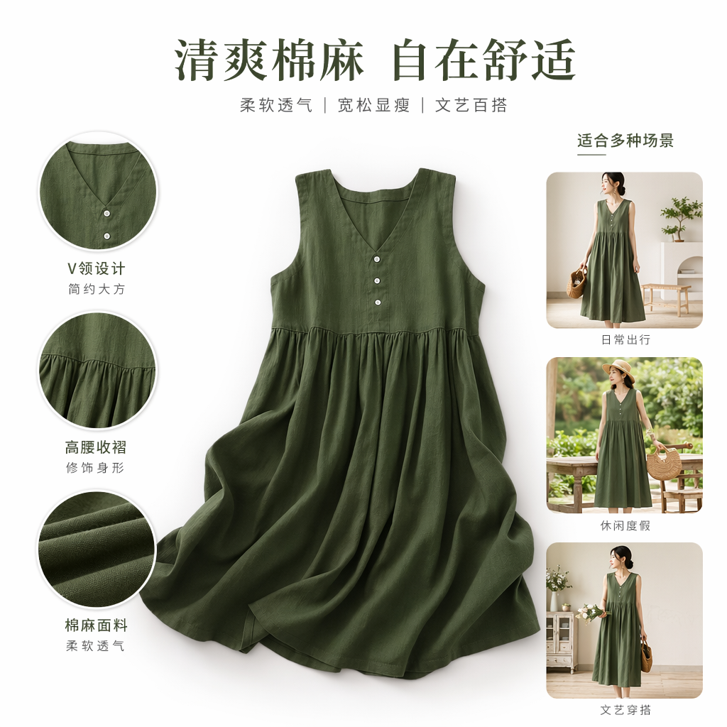 军绿色无袖连衣裙女夏装简约显瘦A字裙