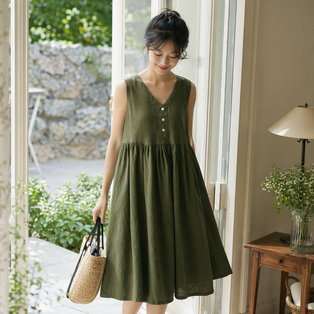 A simple and slimming A-line dress in military green sleeveless dress for women in summer details Picture