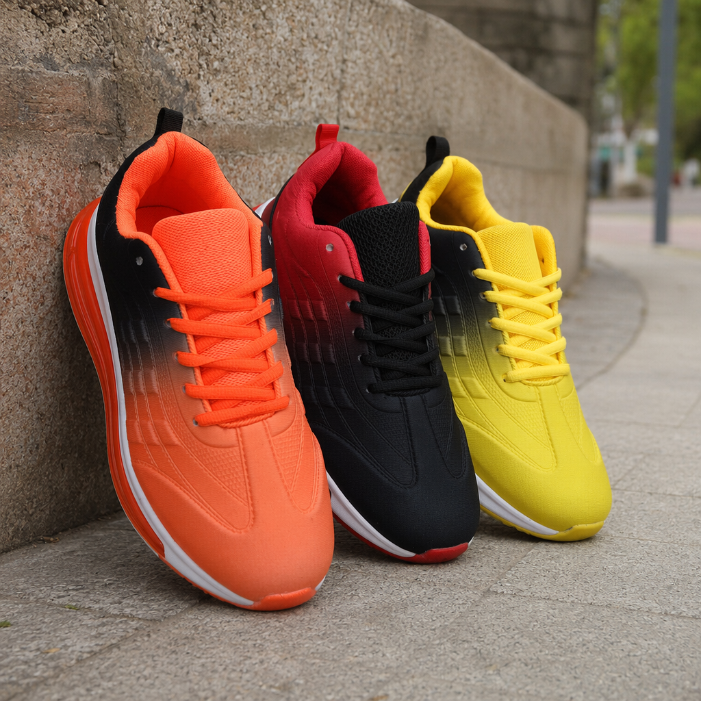 Three pairs of colorful sports shoes for both men and women, breathable, lightweight and casual running shoes details Picture