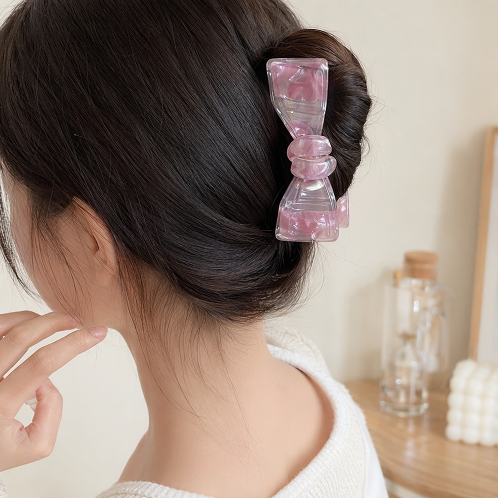 Pink transparent bow hairpin, a sweet and cute girlish headwear details Picture
