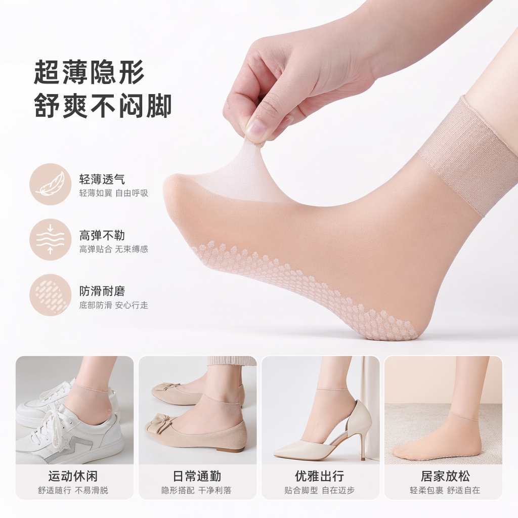 Skin-colored anti-slip socks for women spring and summer, thin elastic boneless invisible boat socks