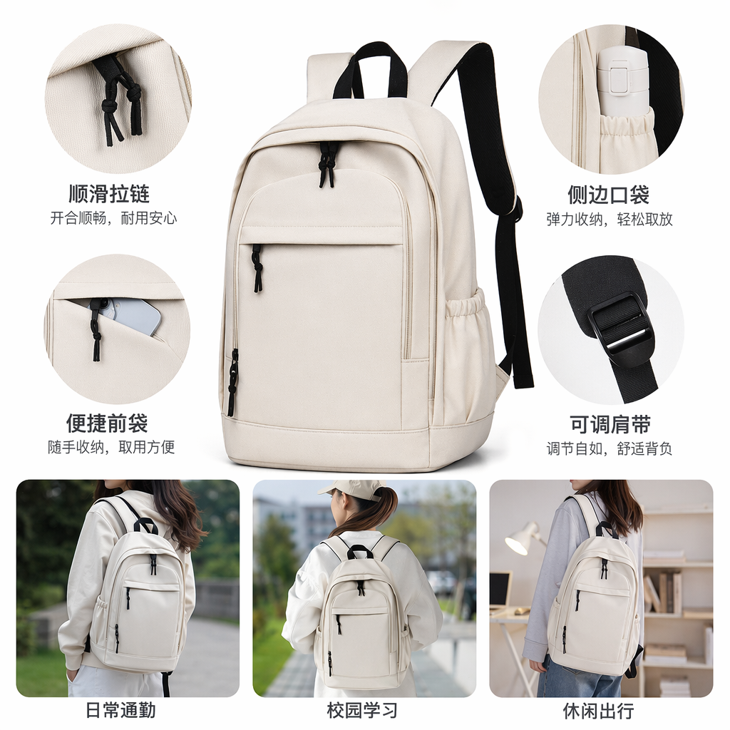 This white backpack is simple, versatile, lightweight and has a large capacity for student commuting and travel