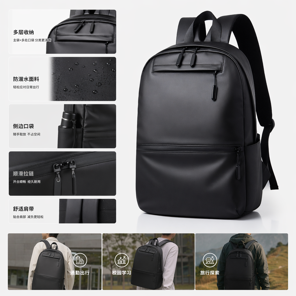 The black nylon water-resistant commuting backpack is lightweight and wear-resistant for daily school use