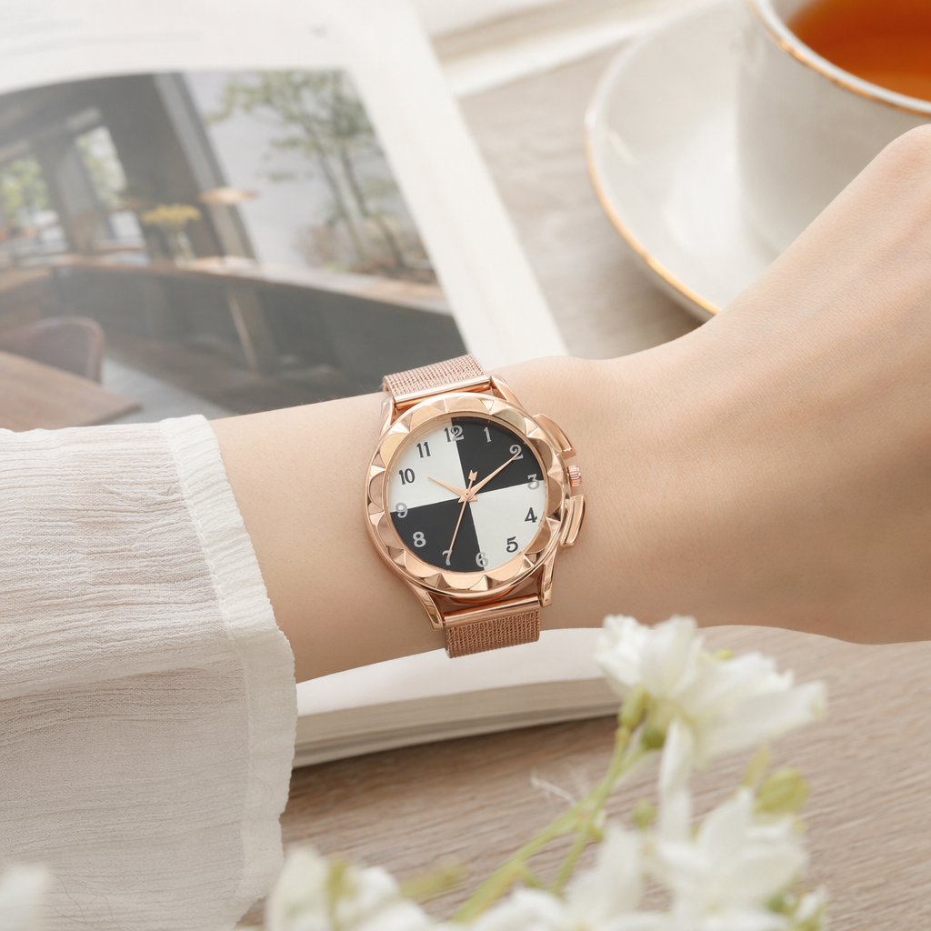 A simple and fashionable quartz watch with a rose gold strap for ladies details Picture