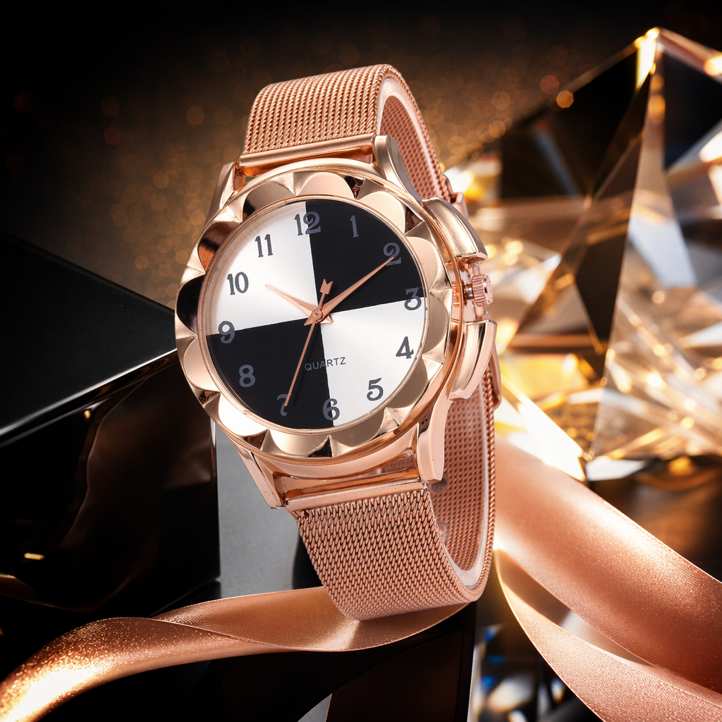 A simple and fashionable quartz watch with a rose gold strap for ladies Specification image
