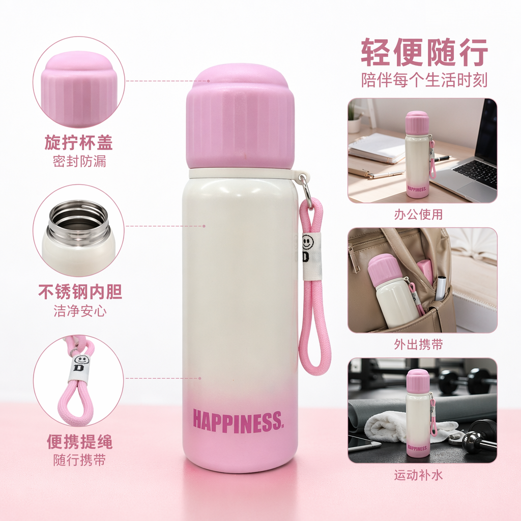 Pink gradient design insulated cup, 304 stainless steel vacuum insulated portable water cup