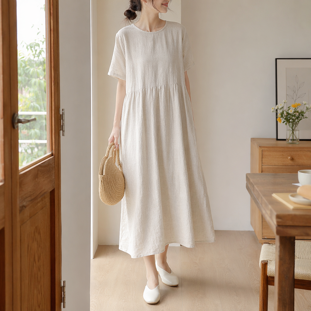 A light and breathable summer women's dress with a beige linen texture and a slim fit details Picture