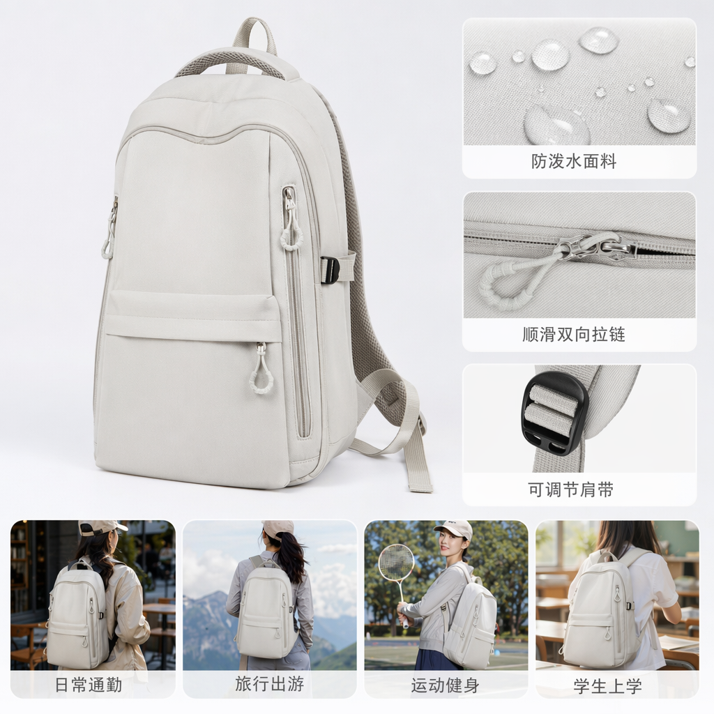 浅灰色双肩包轻便大容量学生通勤休闲背包