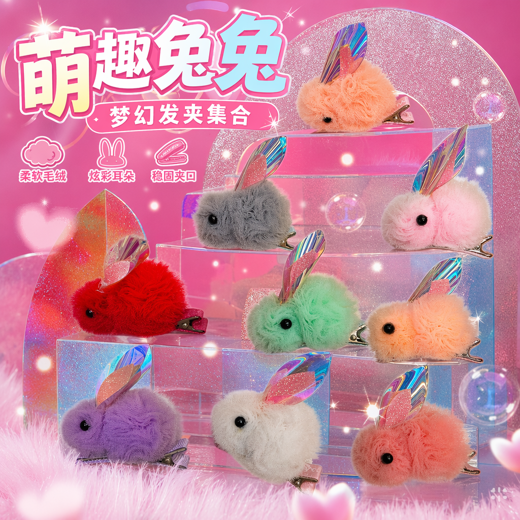 Colorful plush rabbit hairpins, cute girl headwear, and fluffy hair clips, sweet and energetic Specification image