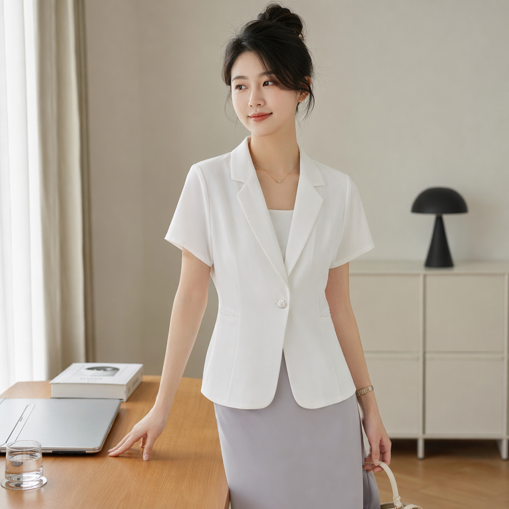 White short-sleeved suit jacket for men, slimming business casual, thin summer style details Picture