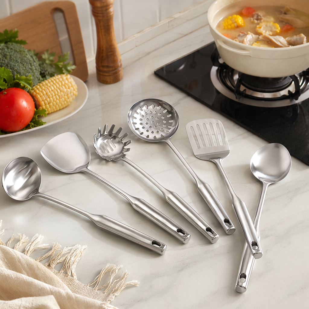 A 12-piece stainless steel kitchenware set, including woks, frying pans, soup POTS, spatulas and spoons, for household kitchen cooking tools details Picture