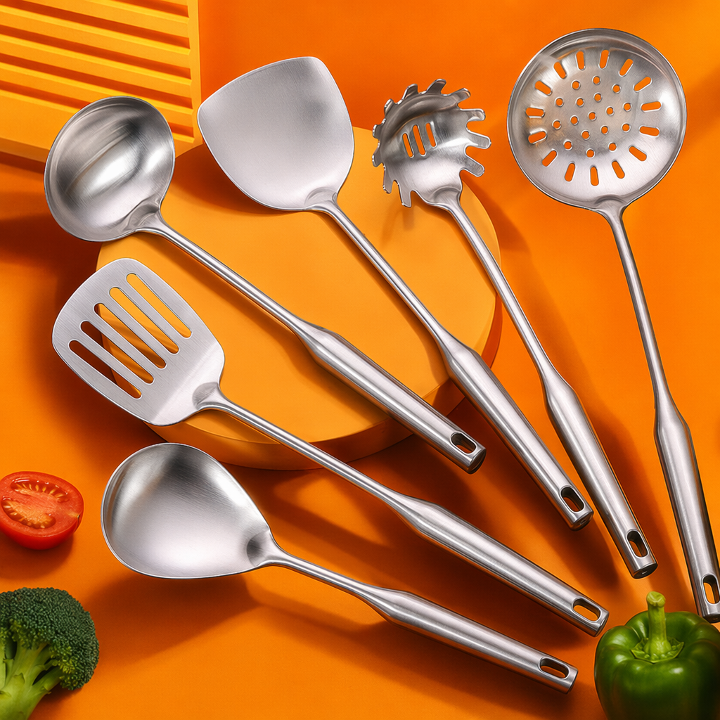 A 12-piece stainless steel kitchenware set, including woks, frying pans, soup POTS, spatulas and spoons, for household kitchen cooking tools Specification image