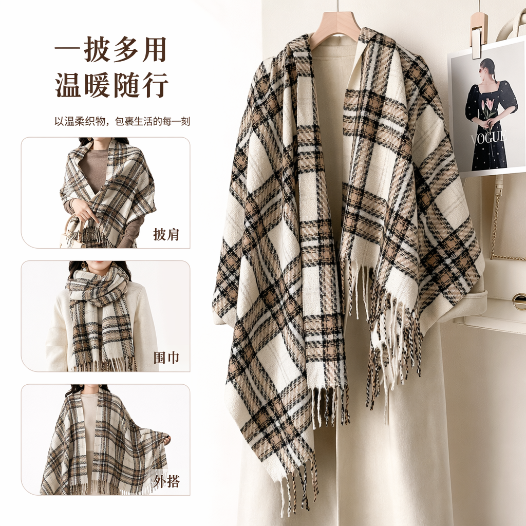 Checkered tassel shawl, a warm, fashionable and versatile women's scarf for autumn and winter