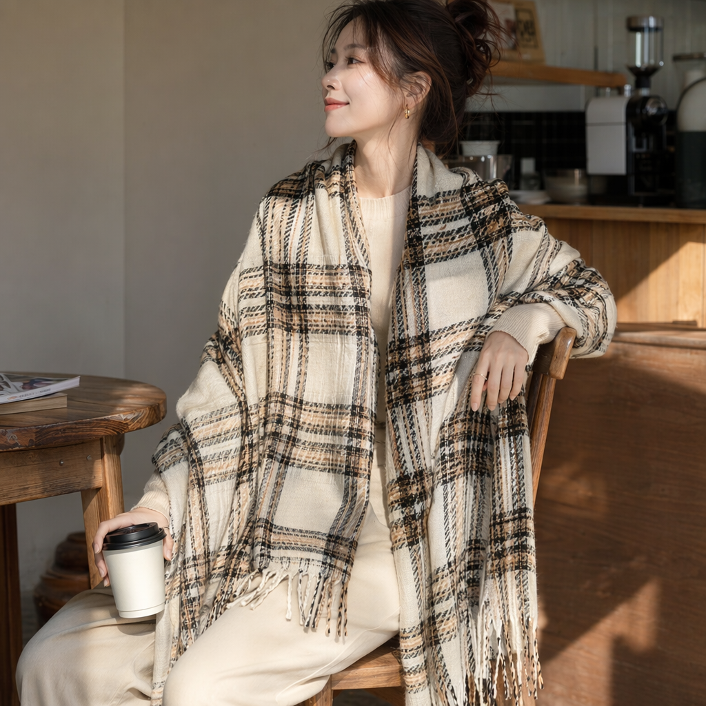 Checkered tassel shawl, a warm, fashionable and versatile women's scarf for autumn and winter details Picture