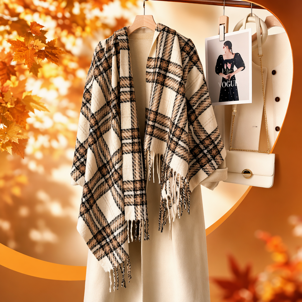 Checkered tassel shawl, a warm, fashionable and versatile women's scarf for autumn and winter Specification image