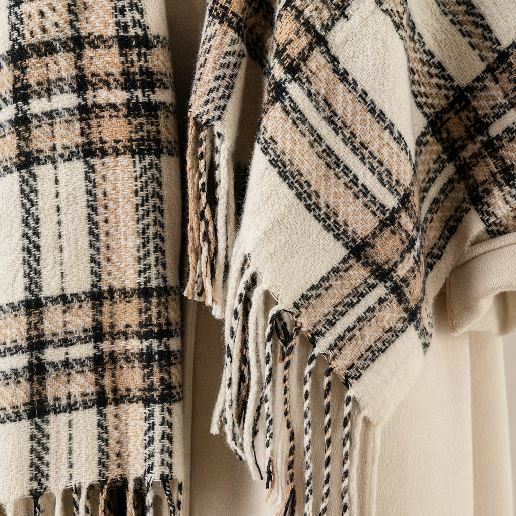 Checkered tassel shawl, a warm, fashionable and versatile women's scarf for autumn and winter Application Scenario