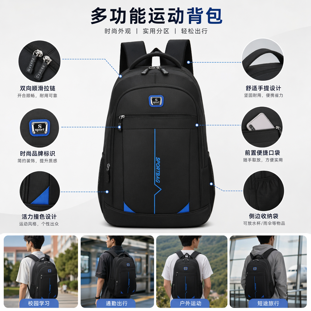 Black backpack, large-capacity, lightweight student commuting travel backpack