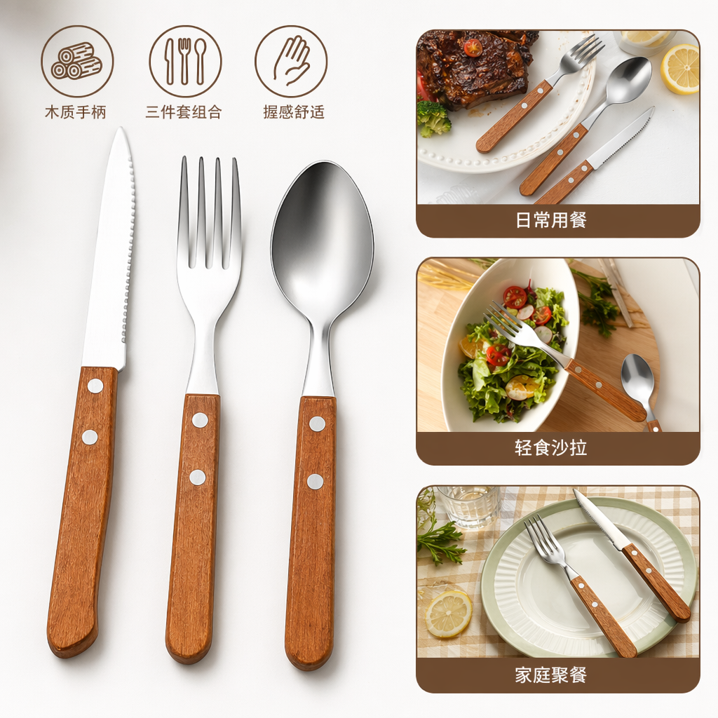 Wooden handle knife, fork and spoon combination set, simple household tableware gift box