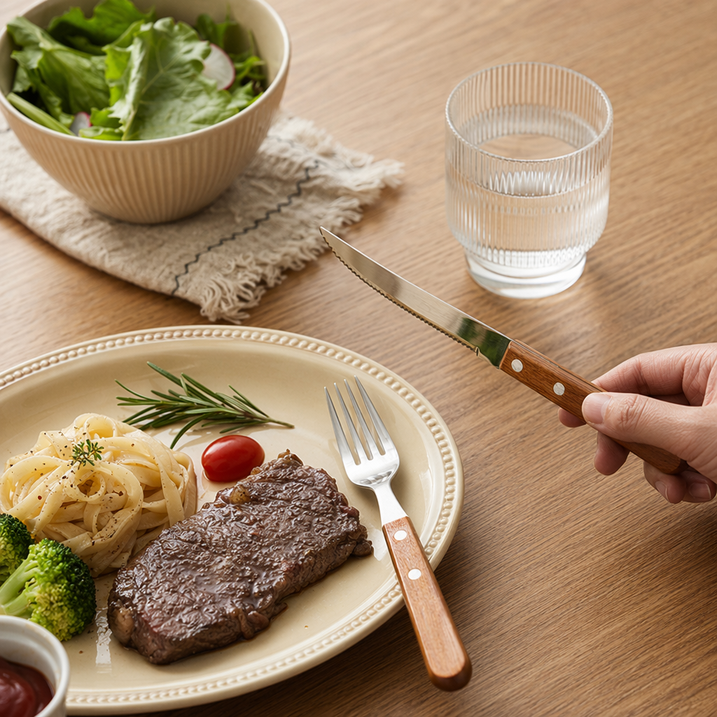 Wooden handle knife, fork and spoon combination set, simple household tableware gift box details Picture