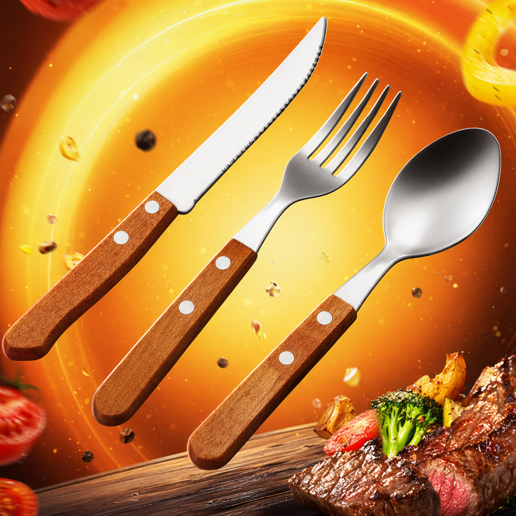 Wooden handle knife, fork and spoon combination set, simple household tableware gift box Specification image
